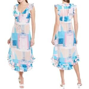 Tyler Boe 100% Silk Midi Dress V-Neck Sleeveless Ruffled Blue White Small New
